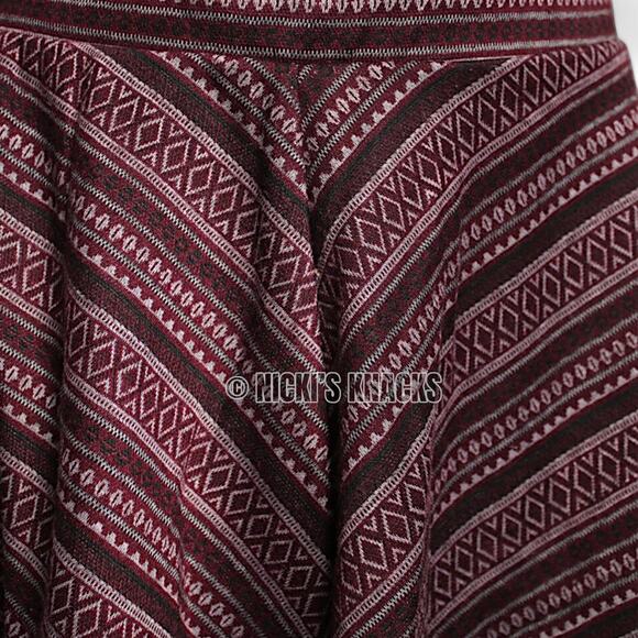 Burgundy Tribal Chevron Flare Mini Skirt Pull On Soft Knit Y2K Festival Size S - Picture 6 of 9